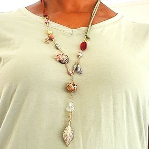 This Lovely 27"forest Green/Brown Leather,wrap Necklace w/Gold pendant Feather.